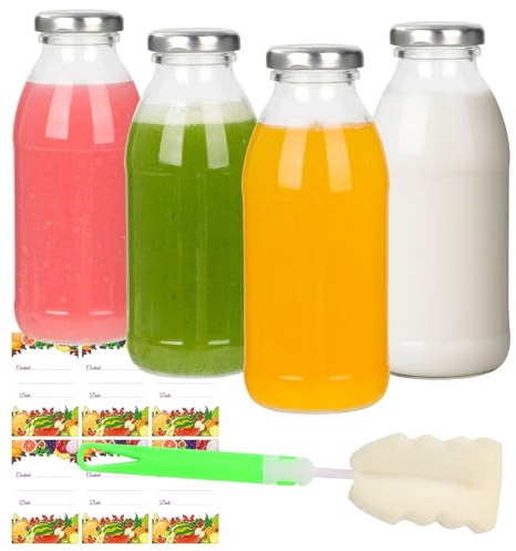 EkkoVla Bottiglie in vetro da 280 ml con coperchi ermetici, confezione da 4 barattoli riutilizzabili per spremere latte, frullati e acqua
