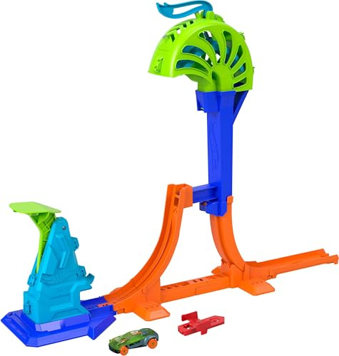 Hot Wheels Spielzeugauto und Trackset, Stunt Tracks Power-Start-Champion mit ca. 45-cm-Sprung mit Auffangkorb, kompatibel mit Track-Schnellstecksystem, Fahrzeug im Maßstab 1:64, JHK75