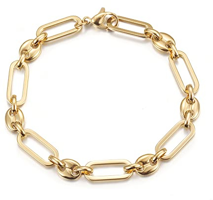 14K Gold Plated Bracelets for Women No Tarnish, Dainty Livit Chain Charm Bracelet with Coffee Bean, Minimalist Stacking Layered Link Jewelry, Fits 6.5”–7.3” Wrists