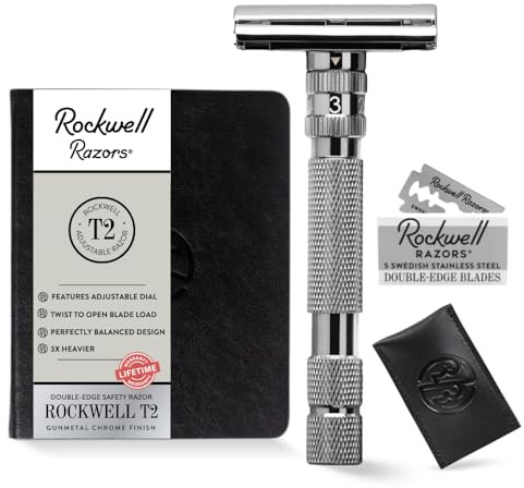 Rockwell T2 | Twist-To-Open (TTO) Double-Edge Safety Razor | Full Metal | Includes 5 Fully Recyclable Stainless Steel Blades (Gunmetal Chrome)