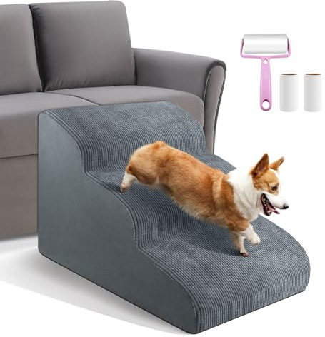 Dog Stairs 3 Steps for Small Dogs Cats Grey, Dog Steps Pet Ramp Ladder for Sofa Bed Non-Slip Foam with Removable Washable Cover, Send Lint Sticky Roller Set