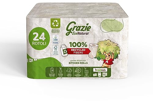 Grazie Natural, Asciugatutto 24 Rotoli, Bobina di Carta Assorbente Realizzata con Carta 100% Riciclata Fiberpack, Certificata Ecolabel e FSC Recycled, Made in Italy