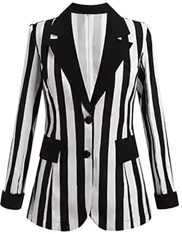 Blazer Dam, svart, vit, randig, kostymjacka, kavajjacka, öppen fram, elegant kavaj, kontorskostym, jacka, kostym, långärmad, ståkrage, cardigan, blazer, övergångsjacka, affärskappa