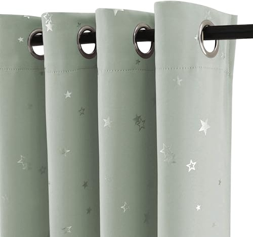 PONY DANCE Star Foil Printed Kids Curtains, Sage Green, 52x72 Inch | Eyelet Blackout Girls Curtains for Nursery & Bedroom, Thermal Insulated & Noise Reducing, Privacy Protected, 2 Panels