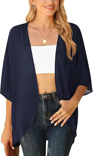 YGJIEGENG Kimonos for Women, Beach Cover Up, Summer Cardigan, Navy Blue, M
