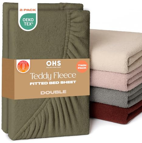 Brentfords 2 Pack Double Bed Sheet, Soft Warm Thermal Teddy Fleece Fitted Sheet Bed Cover Deep Pocket 25cm Fade Resistant Cuddly Cosy Fluffy Teddy Bear Bedding, Woodland Green - Double