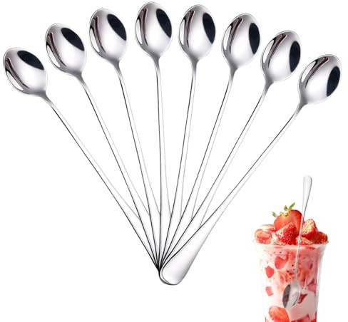8 stycken latte macchiato-skedar – 20 cm rostfritt stål glasskedar långa och långa skedar för kaffe, dessert, glassbägare och milkshake, diskmaskinssäker (silver)
