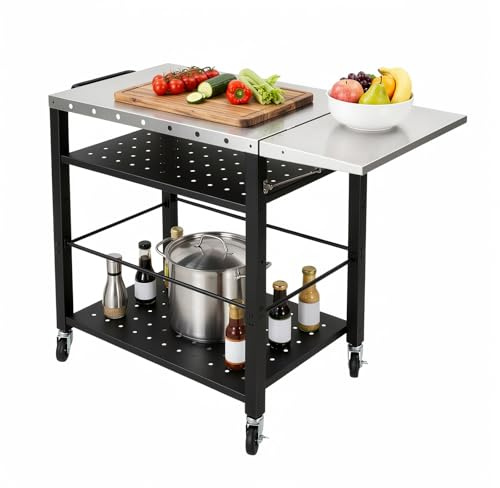 BRRIDE Carro de barbacoa móvil de 4 pisos, carrito de cocina con mesa auxiliar plegable y ruedas giratorias de 360° con freno, mesa móvil para jardín, barbacoa, camping, exterior