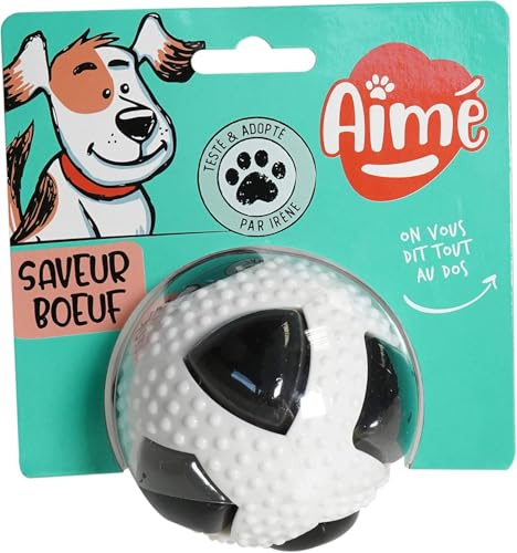 Aimé | Jouet pour Chien Intéractif | Balle pour Chien | Balle de Foot avec Couineur et Grelôt | Odeur Boeuf | 8 cm | Stimule l'Odorat et l'Ouïe de Votre Chien