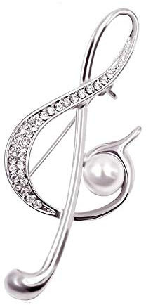 Broche épingle clé de sol argenté strass cristal blanc et perle nacrée.