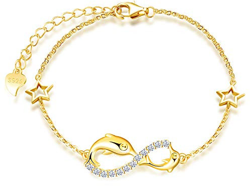 MicLee Bracelet de femme fille, bracelet en Argent 925, bracelet de symbole infini et de dauphin, avec l'étoile creuse, Zircon incrusté, Chaîne ajustable, bracelet de thème animal