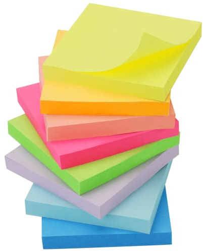 OWLKELA 800pcs Coloured Sticky Notes, 75 x 75mm, 8 Pads of 100 Sheets Self-Stick Notes, Sticky Notes Set for Marking and Highlighting Pages