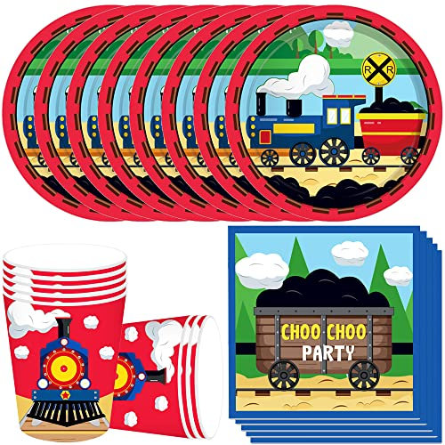 MEZHEN Train Party Tableware Train Children's Birthday Decoration Train Birthday Party Tableware Car Paper Plates Cups Napkins Party Tableware Table Decoration