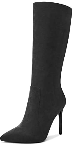 Castamere Femmes Haut High Talon Heel 10 CM Heels Pointu Bout Fermeture à Glissière Mi Mollet Bottes Mariage Bureau Sexy Dress Bottes Noir 38 EU