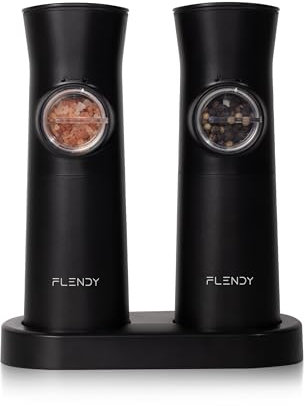 Flendy Schwerkraft elektrische Salz und Pfeffermühle Set, 2er-Set Wiederaufladbare elektrische Salz und Pfefferstreuer mit USB-C Ladestation, Gewürzmühle elektrisch für trockene Gewürze