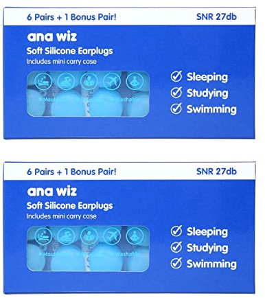 Re-usable Soft Silicone Earplugs, 6 Pairs Plus Bonus Pair with Carry Case, 27dB Noise Cancelling and Waterproof, Perfect for Sleep, Travel and Studying. (14 Pairs)