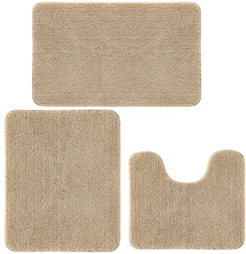 Achiiso Tappeti da bagno antiscivolo,da bagno beige, Set morbido 3 parti, Set in microfibra, Tappeti e super spessi (beige, U40x50 + 50x60 + 50x80cm)