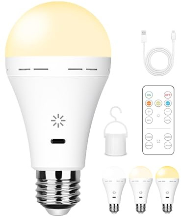 Laddbar E27 LED glödlampa med fjärrkontroll och touch, 3 Ljusfärger 1-Pack | 2600mAh Batteri, 7W 700lm Dimbar, USB-C Laddning, 4 Timer, Krok, För Lampor Utan Elanslutning, Camping, Nödbelysning
