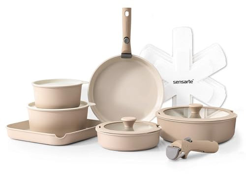 SENSARTE 17 Piece Ceramic Pots and Pans Set, Nonstick Detachable Handle Cookware, Induction Kitchen Cookware Set with Removable Handle (Almond Beige)