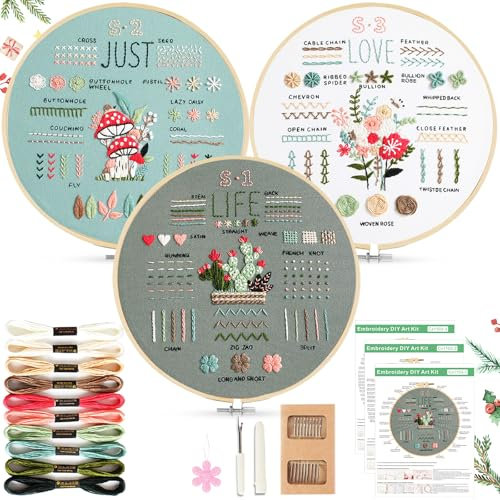 AOTWAN Stickset für Anfänger Sticken Set Erwachsene Blumenmuster Pflanzen Embroidery Kit Stickerei Set mit 2 Stück Bambus Stickrahmen, Anleitung und Werkzeuge, Kreuzstich Set für DIY Kunst, Handwerk