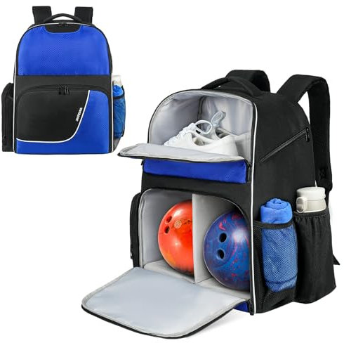 Jaffzora Bowling-Rucksack mit 2 Bällen, Bowlingball-Tasche für Doppelbälle mit Schuhfach, passend für Schuhe bis Herrengröße 44, Schwarz und Blau