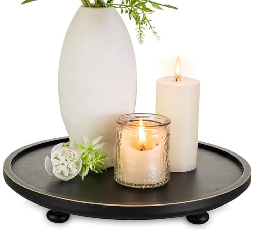 Hanobe Tablett Serviertablett Holztablett Deko : Klein Rund Holz Dekotablett mit Four Füßen für Tisch Wohnzimmer - Schwarz Vintage Dekoteller Holzteller für Badezimmer 28 cm