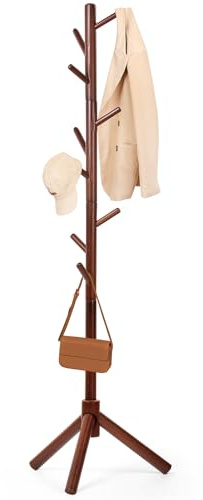 Relquorax Beech Wood Coat Rack Stand with 9 Hooks, 3 Height Adjustable, simple Freestanding Solid Wooden Coat Tree Hanger for Clothes, Hats, Scarves, bags, Jackets, Bedroom, livingromm, Office(Brown)