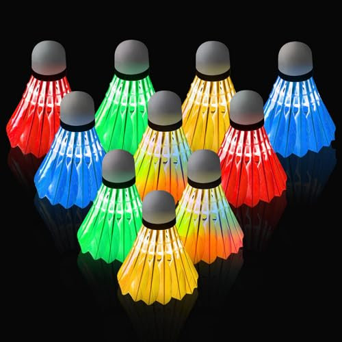 Lot de 10 balles de badminton à LED en plumes d'oie - 5 couleurs LED - En nylon - Pour le sport - Volants lumineux pour la nuit - Volants naturels pour les activités sportives