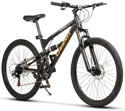 VTT pour homme, femme, fille, garçon à partir de 150 cm, 21 vitesses, dérailleur arrière Shimano Tourney TZ, dérailleur arrière, vélo adolescent, VTT Hardtail (noir/orange, 26)