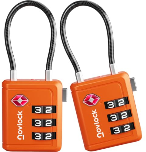 TSA Bagagelås med Alertindikator – Kombinationslås med Flexibelt Kabellås – För Resväskor, Kabinväska, Ryggsäckar, Bagage och Skåp – 2-pack orange