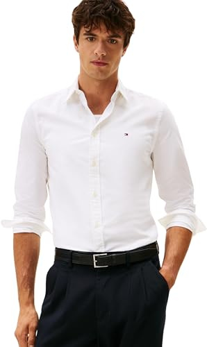 Tommy Hilfiger Uomo Camicia Flex Poplin Kent Collar Slim Fit, Bianco (White), S