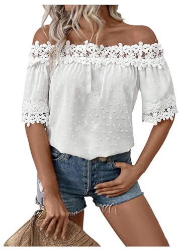 GORGLITTER Women's Off Shoulder Floral Blouses Short Sleeve Swiss Dots Boho Summer Shirts White Small