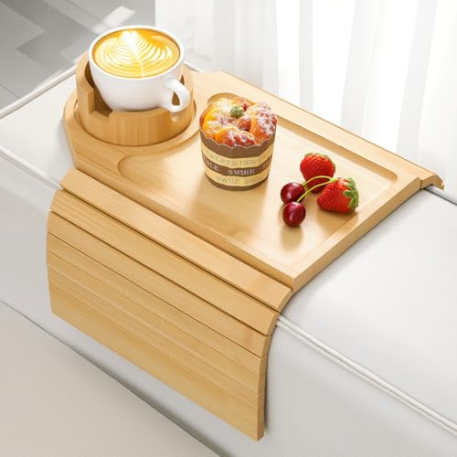Kssiaz Bandeja de Brazo de Sofá, Mesa Bandeja de Bambú para Sofá, Bandeja para Brazo de Sofá con Portavasos, Organizador Antideslizante para Reposabrazos para Bebida, Taza, Merienda, Control, Natural