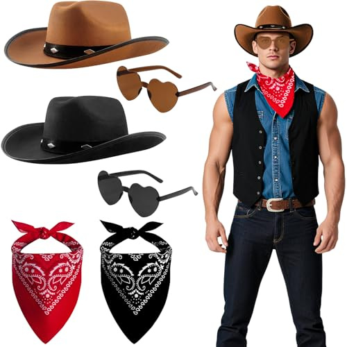 6 Pièces Westen Cowboy Chapeau Accessoires Set, Kit Déguisement de Cowboy avec Chapeau des Lunettes de Soleil en Forme de Cœur des Bandanas à Motif Cachemire pour Adultes Halloween Carnaval Fêtes