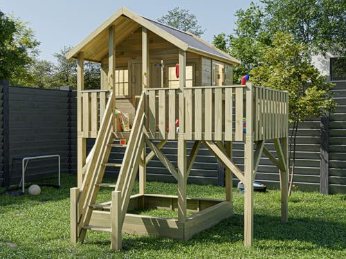 Prestige Garden Stelzenhaus Big House XL | 288,5x292,7x322,7 cm | KDI Kiefernholz | Mit Sandkasten, Veranda & Balkon | 150 cm Podest | Kinder Outdoor Spielhaus