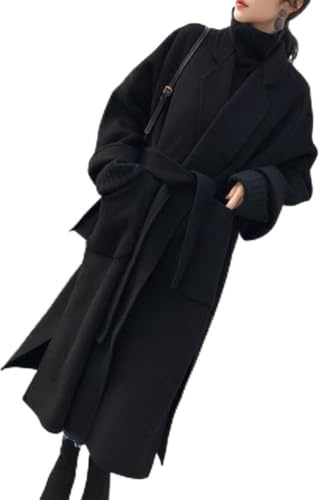 Manteau en laine de cachemire double face pour femmes, style long au-dessus du genou avec ceinture, convient pour le printemps, l'automne, l'hiver, les tenues décontractées et de bureau (XL Noir)