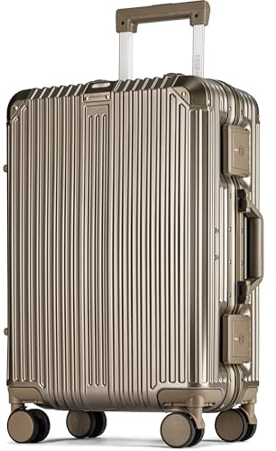 POSH Valigetta rigida in policarbonato con cornice in alluminio – Valigia da viaggio in alluminio: bagaglio a mano, taglia media – Carrello con doppia chiusura TSA e 3 fodere protettive, oro, Medium