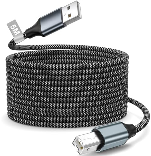 Cable USB Impresora 5M Largo, USB 2.0 Tipo A a Tipo B Nailon Trenzado, Alta Velocidad y Duradero, Compatible con Epson, HP, Envy, Canon, Dell, Xerox, Samsung, Brother, para Impresora, Escáner, Fax, PC