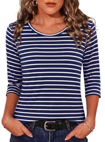Crewhpo Tee Shirt Femme Manches 3/4 Col Rond Rayé Coupe Ample Chic Basique | Tissu doux respirant agréable sur la peau avec col rond rayures et coupe ample pour bureau sorties loisirs et quotidien