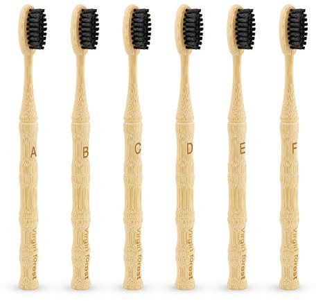 Spazzolino Bamboo, 6 Pezzi Biodegradabile Ecologico Setole Dure Spazzolini da Denti in Bamboo, Spazzolino da Denti Vegano in Legno Senza BPA, Spazzolino Viaggio con Manico in Bambù Liscio