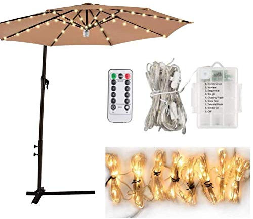 Lampe de parasol de terrasse, lampe LED avec télécommande et 10 attaches de câble étanches à piles pour décoration de jardin