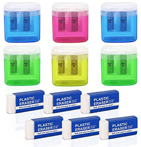 TSHAOUN Manueller Bleistiftspitzer, bunte Doppellochspitzer mit Deckel und 6 weißen Kunststoff-Radiergummis, für Kinder, Studenten, Schule, Zuhause, Büro, Zubehör, 6 Stück (mehrfarbig)