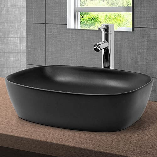 ML-Design Lavabo de Cerámica Negro Mate Esquinas Redondeadas 505x385x140 mm Con Agujero de Desagüe Lavamanos Moderno Sobre Encimera Sobremesa Pila Para Baño Aseo Fregadero Diseño Minimalista