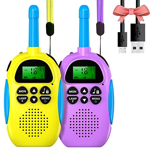 Walkie Talkie für Kinder,ULEWAY 2 Pack Aufladbar Walkie Talkies, 16-Kanal Kinder Funkgerät Spielzeug für Jungen Mädchen, Abenteuer im Freien Outdoor Camping Wandern- Violett Gelb