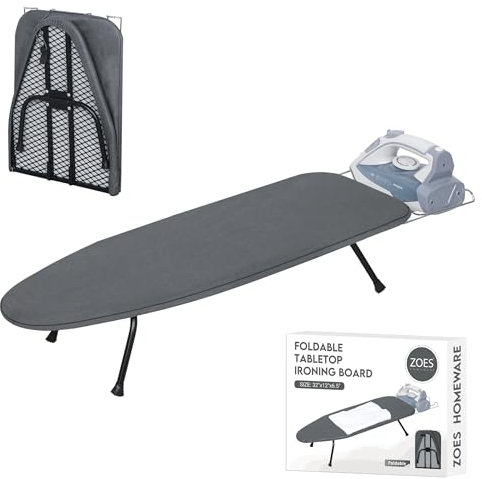 ZOES HOMEWARE Tabla de planchar de mesa con panel de malla metálica, tabla de hierro plegable, tabla de hierro pequeña resistente con cubierta resistente al calor y almohadilla 100% algodón de 8 mm de