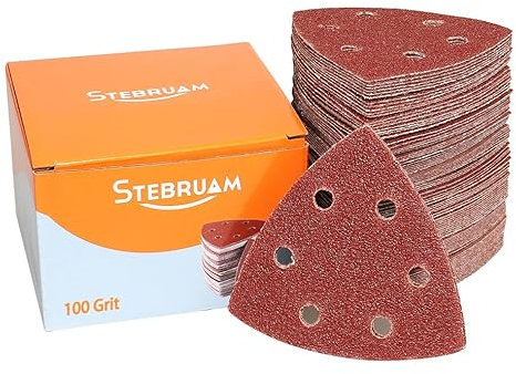 STEBRUAM Triángulo de lijado delta,65 Piezas Papel de Lija Triangular Hojas de Lija Triangulares 6 agujeros 93 x 93 x 93 mm Granos 100 Lijado y Pulido para lijadoras delta