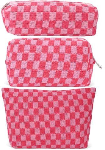 LYDZTION Large Capacity Makeup Bag Set - 3 Pieces Checkered Cosmetic Bag for Women Travel Makeup Bag Organizer Cute Makeup Brushes Storage Bag Travel Toiletry Bag Storage Bag for Women,Pink