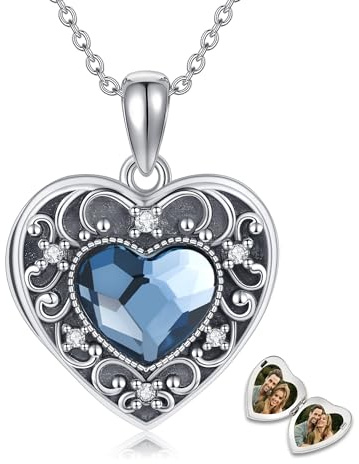 YFN Heart Crystal Locket Necklace Sterling Silver Filigree Heart Locket Necklace that Holds Pictures for Women Jewelry