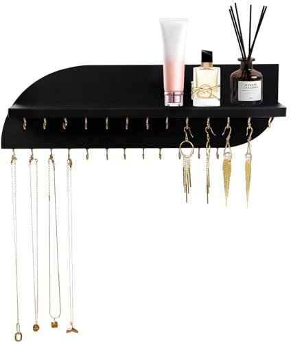 Lampaggio Hanging Jewelry Organizer with 25 Hooks and Cosmetics Shelf, Modern Wood Wall Mounted Jewelry Holder for Necklaces, Bracelets, Earrings and Rings,25 Hooks Black