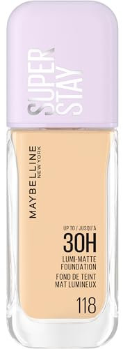 Maybelline New York Super Stay up to 30HR Lumi-Matte Foundation, Medium-Full Coverage, Vegan Formula*, Amino Acids, Niacinamide, Vitamin E, All Day Wear - Shade: 118